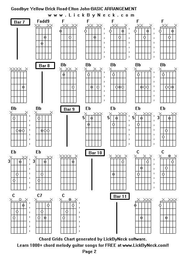 Chord Grids Chart of chord melody fingerstyle guitar song-Goodbye Yellow Brick Road-Elton John-BASIC ARRANGEMENT,generated by LickByNeck software.
